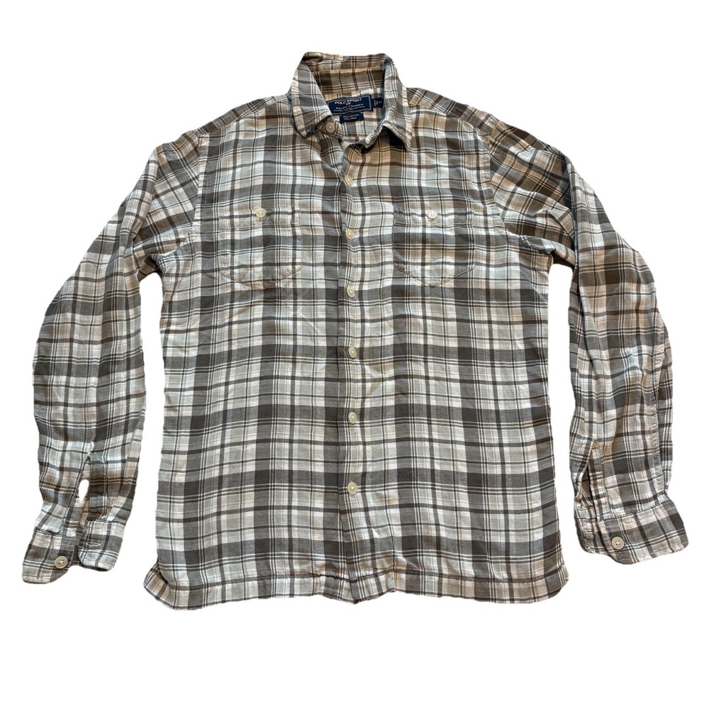 Polo Sport Ralph Lauren Shirt‎ Womens Large Plaid Linen Cotton Button Up Preppy